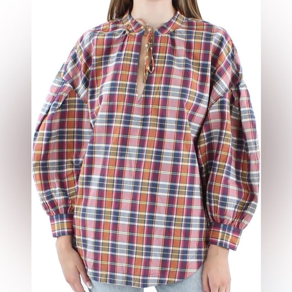 Ralph Lauren Plaid Top Size Large Cotton Tie Neck Long Sleeve Cotton NWT